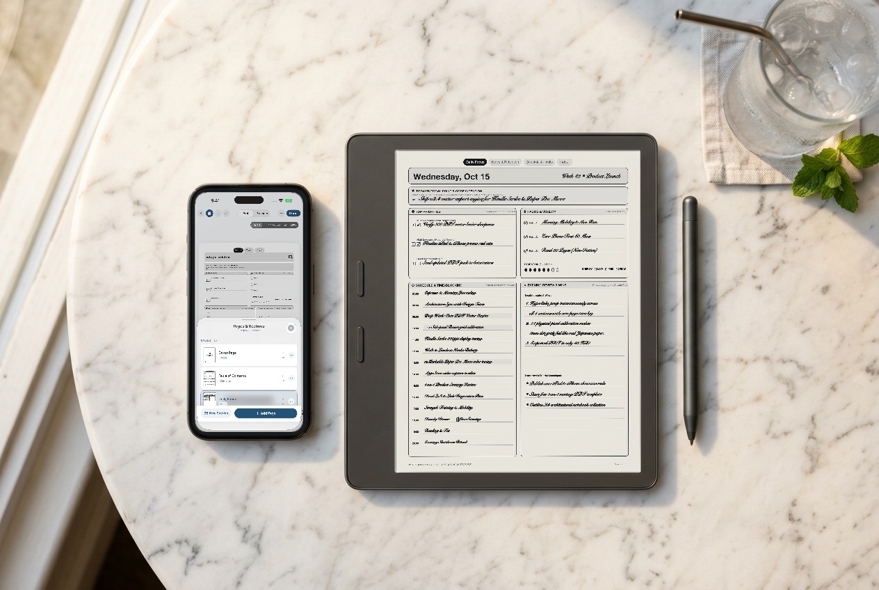 iPhone 16 Pro paired with Amazon Kindle Scribe on marble cafe table