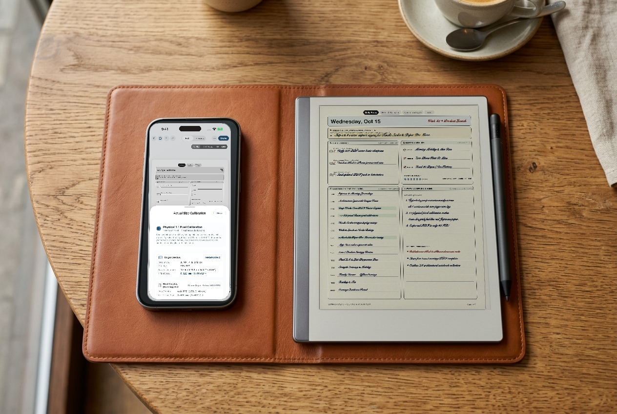 iPhone 16 Pro next to reMarkable Paper Pro Move in leather folio