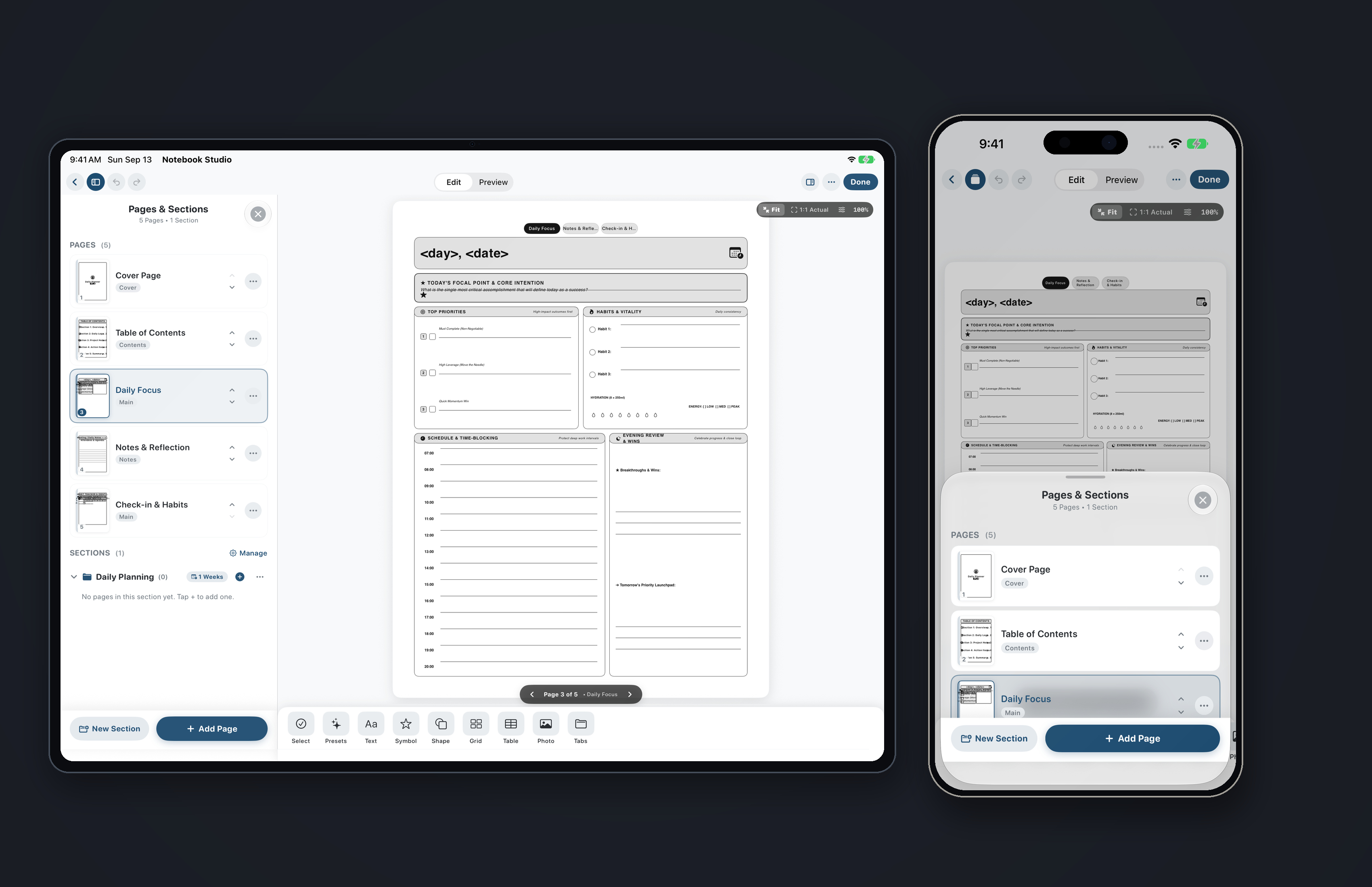 Notebook Studio running on iPhone 16 Pro and iPad Pro 13-inch showing hyperlinked daily planner and quick navigation