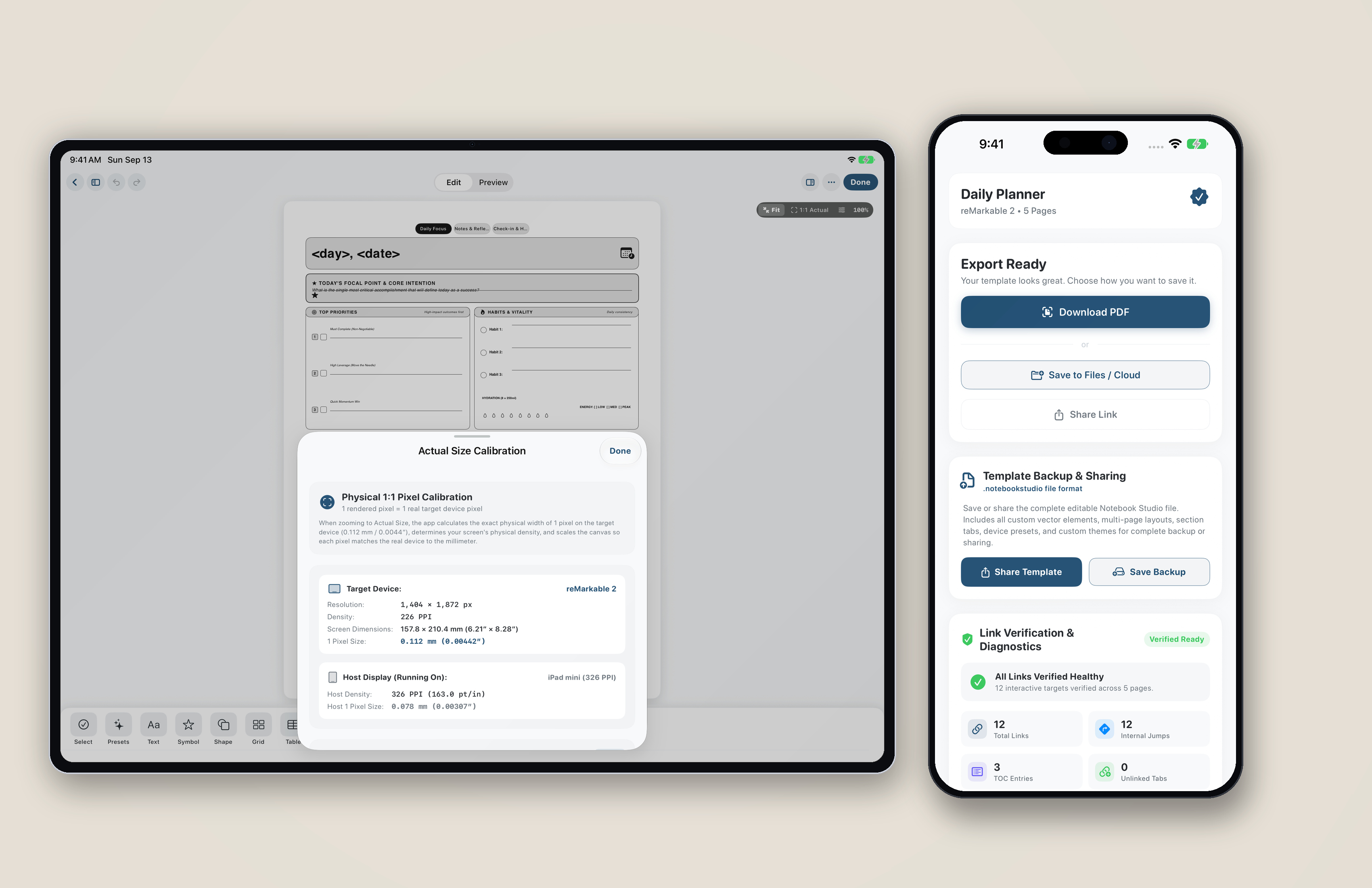 Dual iPad and iPhone workspace showing PDF export and link verification