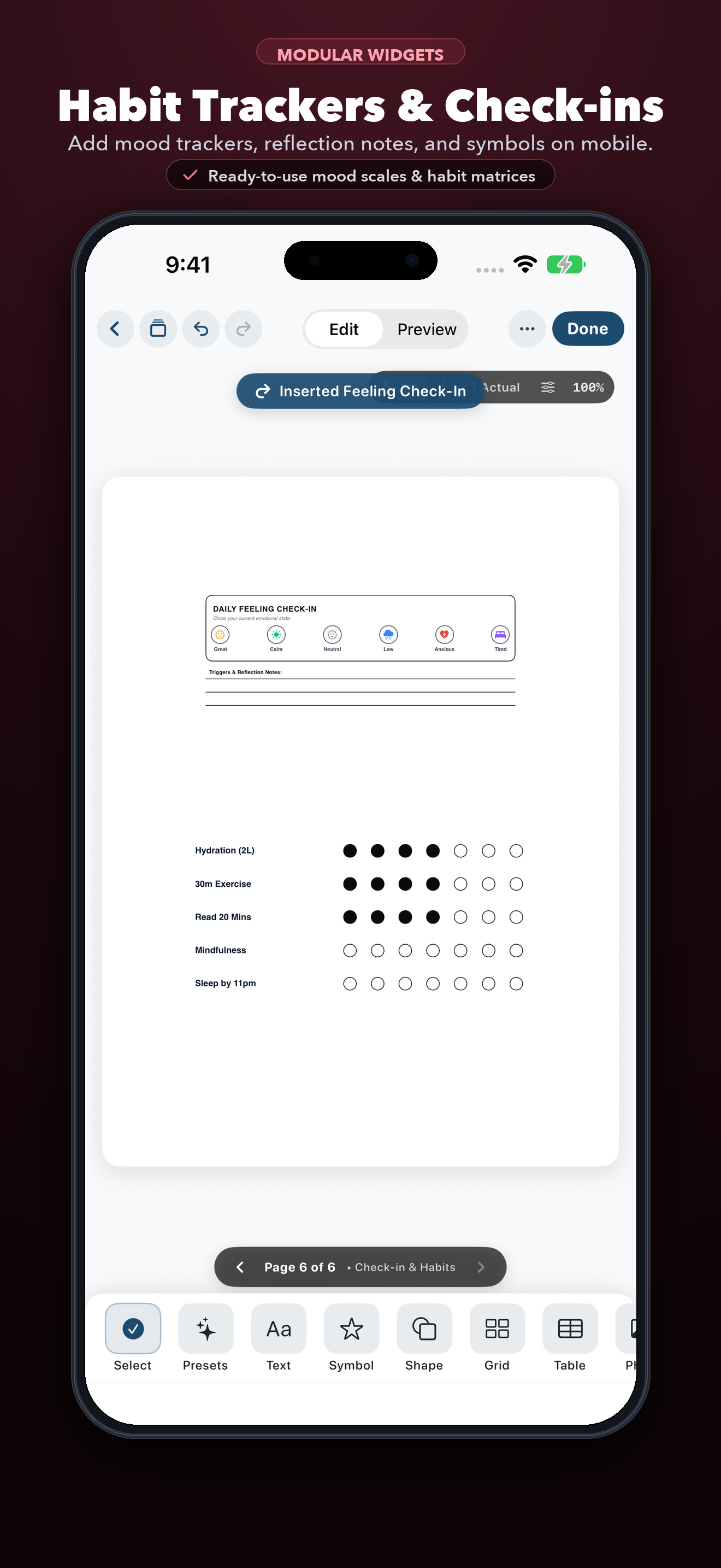iPhone 16 Pro showing modular habit trackers and check-in widgets
