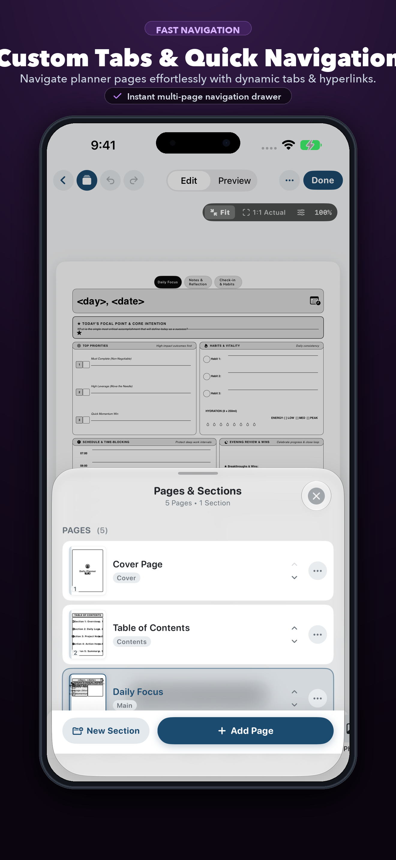 iPhone 16 Pro displaying Daily Planner schedule and navigation drawer