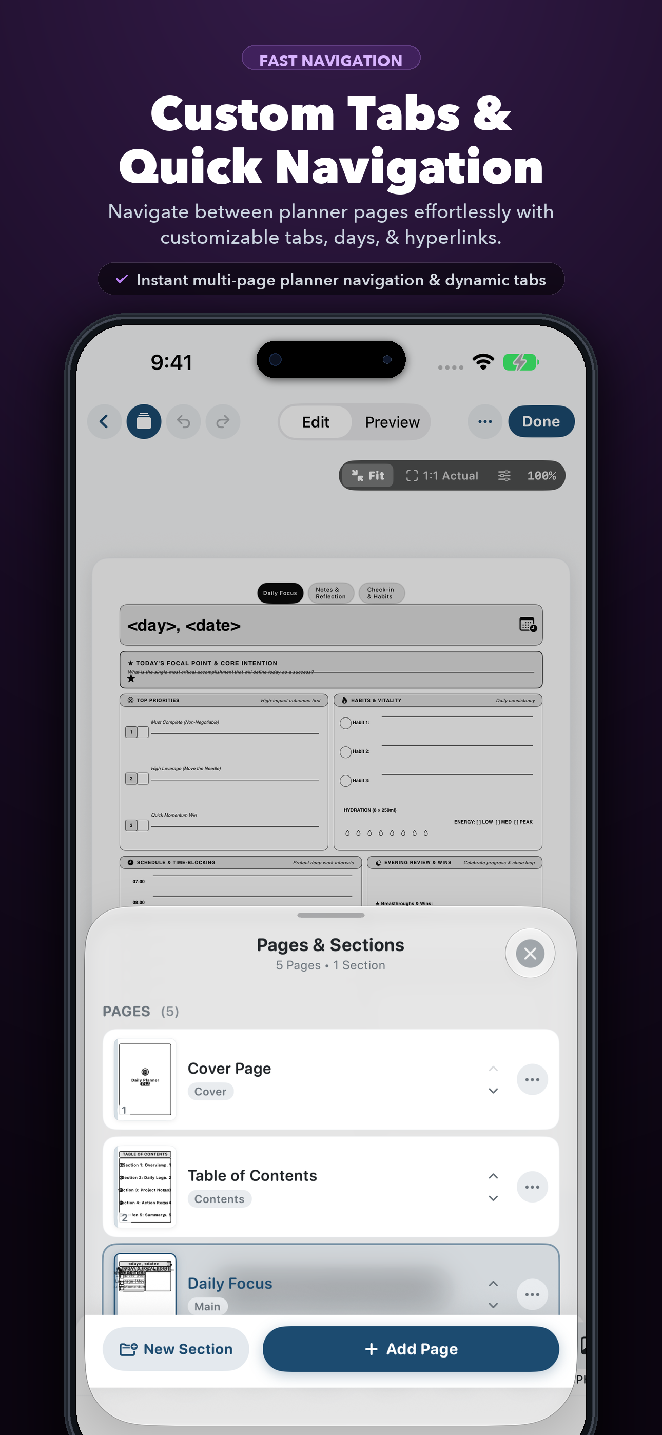 iPhone Quick Navigation screen showing custom side tabs and section hierarchy