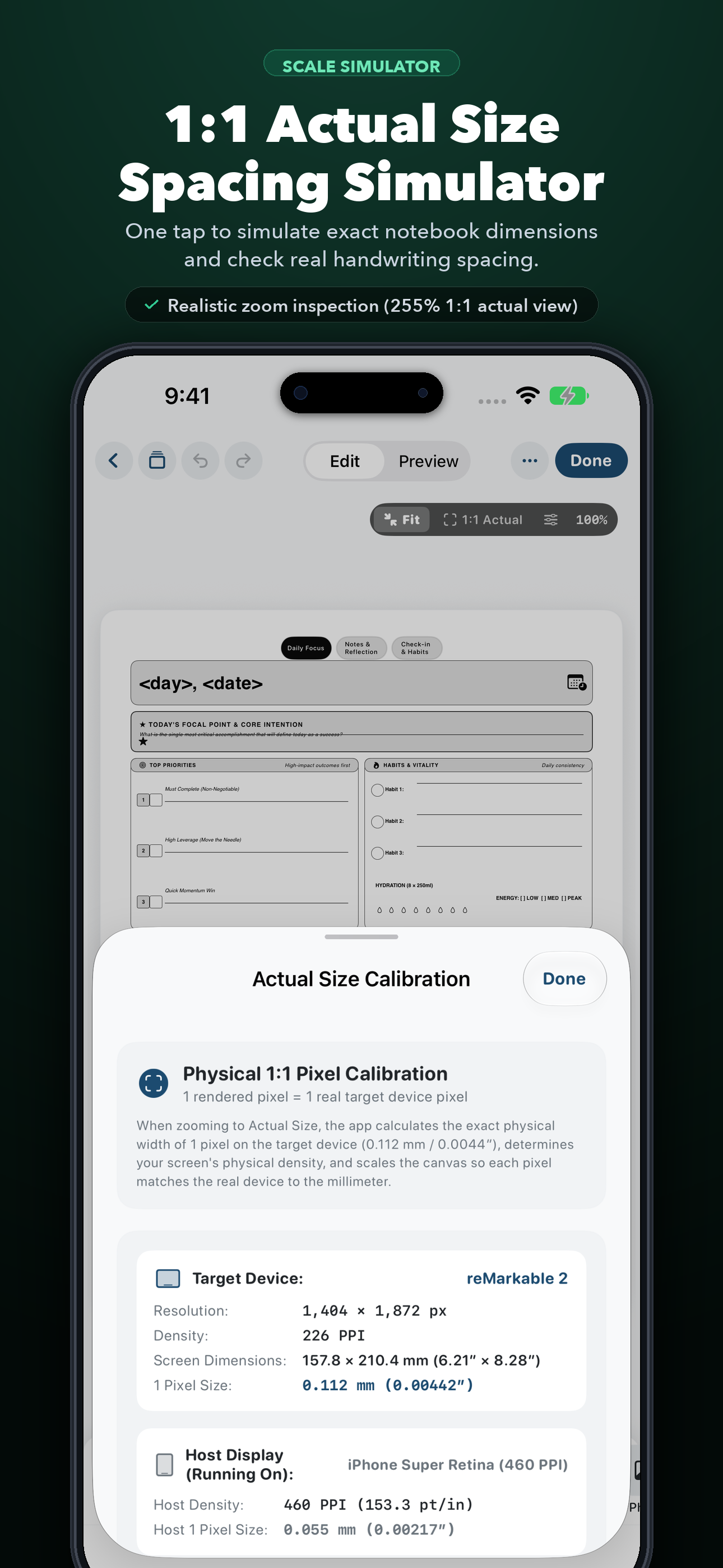 iPhone 1:1 Scale Simulator showing millimeter ruler calibration